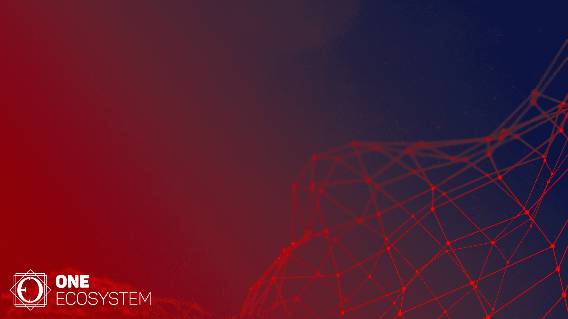 Um fundo escuro com um gradiente vermelho e azul mostra uma rede de linhas e nós vermelhos interconectados. No canto inferior esquerdo, as palavras "ONE ECOSYSTEM" e o logotipo geométrico são colocados, simbolizando a implantação de uma plataforma unificada construída em blockchains públicas.