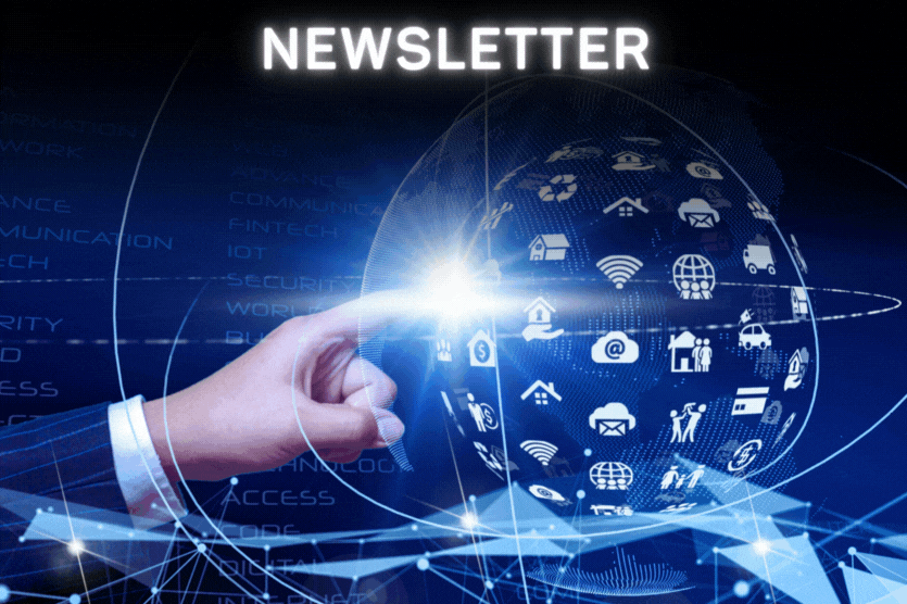 A mão aponta para um globo digital com vários ícones representando tecnologia e comunicação sob as palavras "OES Official Newsletter", oferecendo insights sobre o futuro.