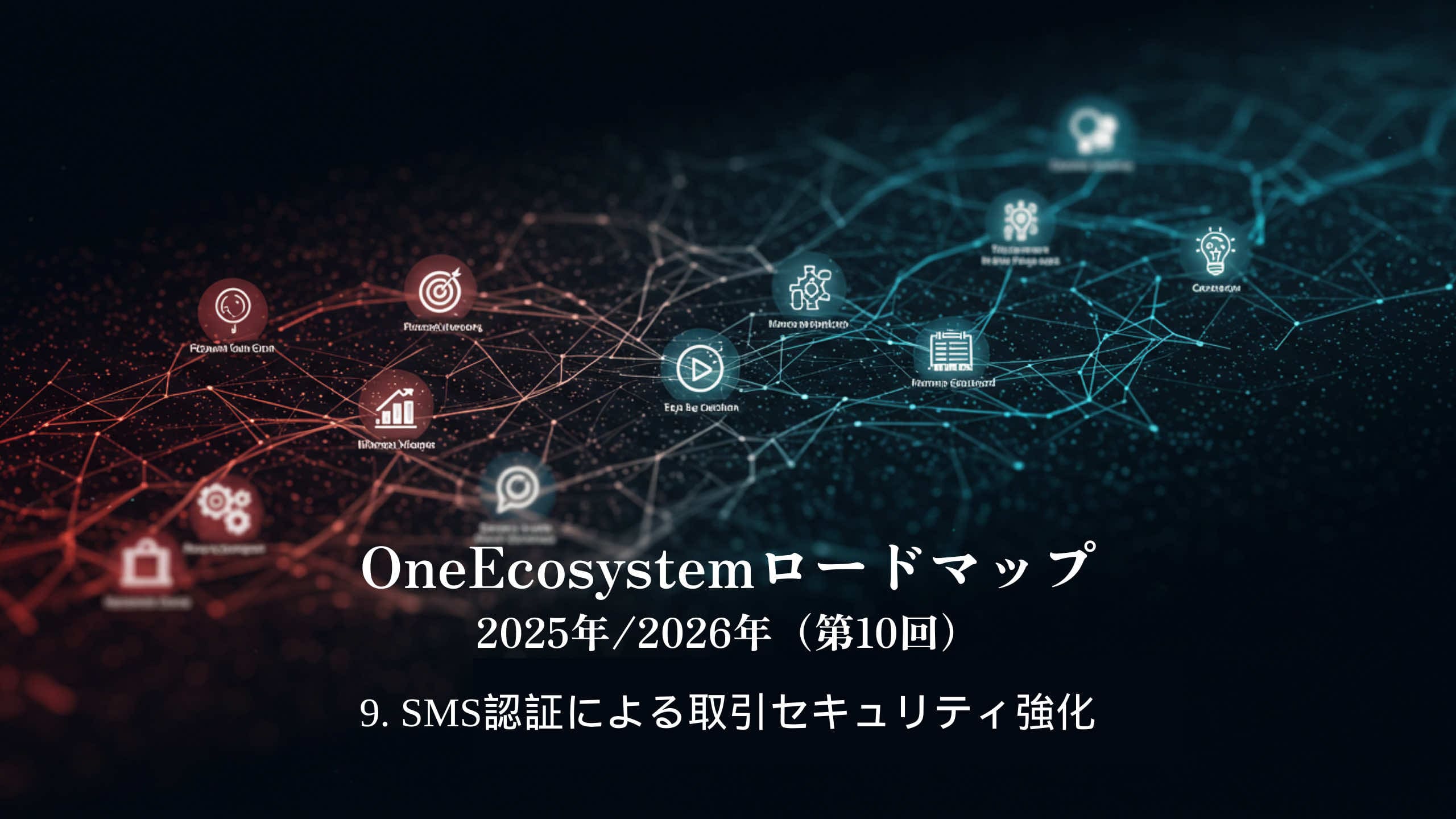 Gráficos de rede digital com ícones e nós interconectados destacando um ecossistema. O texto japonês diz: "OneEcosystem Roadmap 2025/2026 (10º) 9. Reforçar a segurança das transações através da autenticação por SMS".