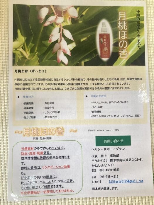 赤いスプレーボトルと白いキャップ、緑の葉とピンクの月桃の花で囲まれた、沖縄産を強調した日本の商品チラシ。下部に日本語のテキストで特徴や連絡先が記載されている。.