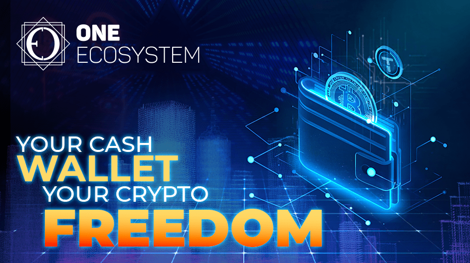 A partir da interface azul brilhante, uma carteira digital com moedas de criptomoeda aparece. O texto diz: "Um ecossistema, sua carteira de dinheiro. Sua liberdade cripto. "O fundo retrata um padrão de redes digitais e luzes da cidade, destacando a última atualização.