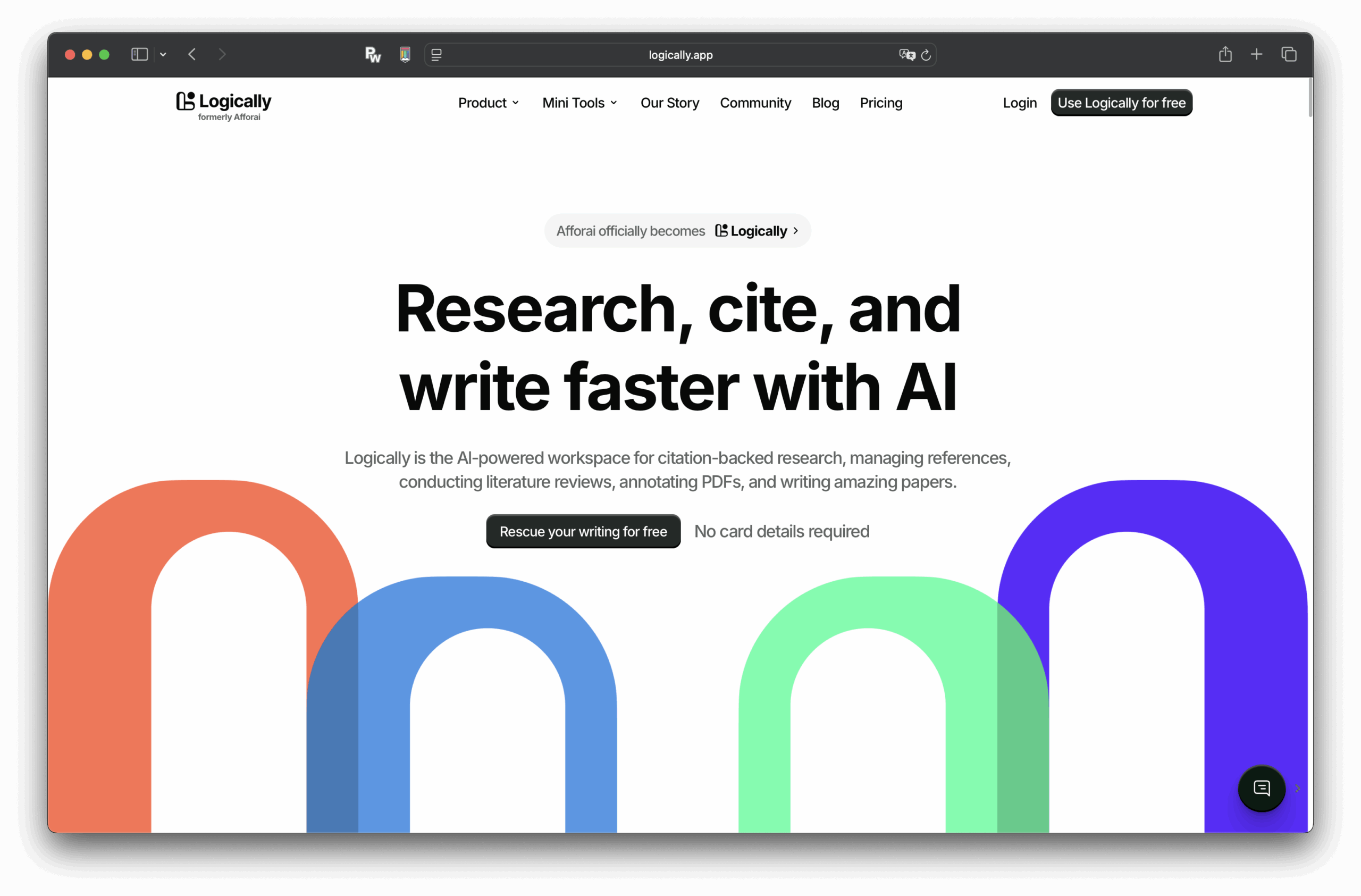 Captura de ecrã da página principal do site da Logicaly. O texto "Pesquisar, citar e escrever mais rápido com IA" aparece acima do arco colorido, com links de navegação para produtos, ferramentas, preços, blogs e opções de login no topo. Lógico.