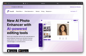 Apresenta um design roxo e branco, uma pré-visualização do editor de fotos com uma mulher sorridente, texto sobre ferramentas de edição baseadas em IA e um botão de download para a aplicação.