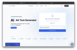 Captura de ecrã de um gerador de texto alternativo alimentado por IA para imagens com upload de imagens, introdução personalizada de palavras-chave SEO, botão de início de teste gratuito e gerador de texto alternativo AltText.ai.